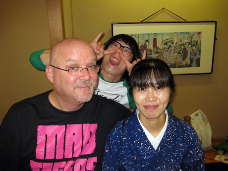 John Holmstrom with friends on a recent trip to Tokyo. (PUNK and punk are popular in Japan.)