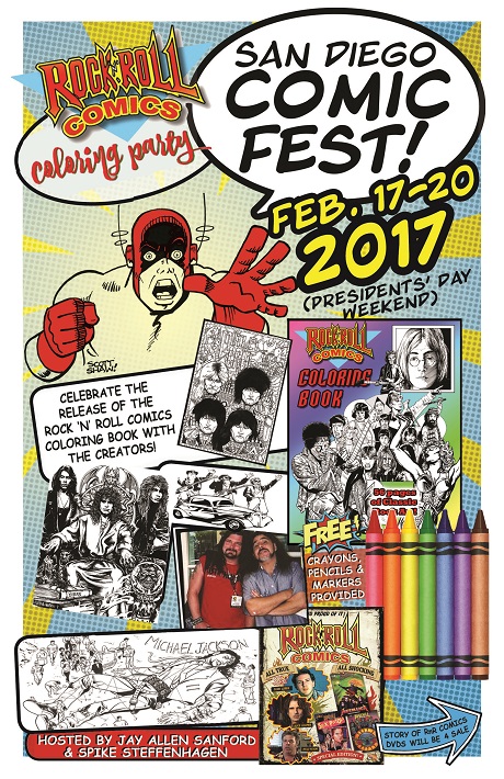 Flyer for Rock 'N' Roll Comics Coloring Party at San Diego Comic Fest
